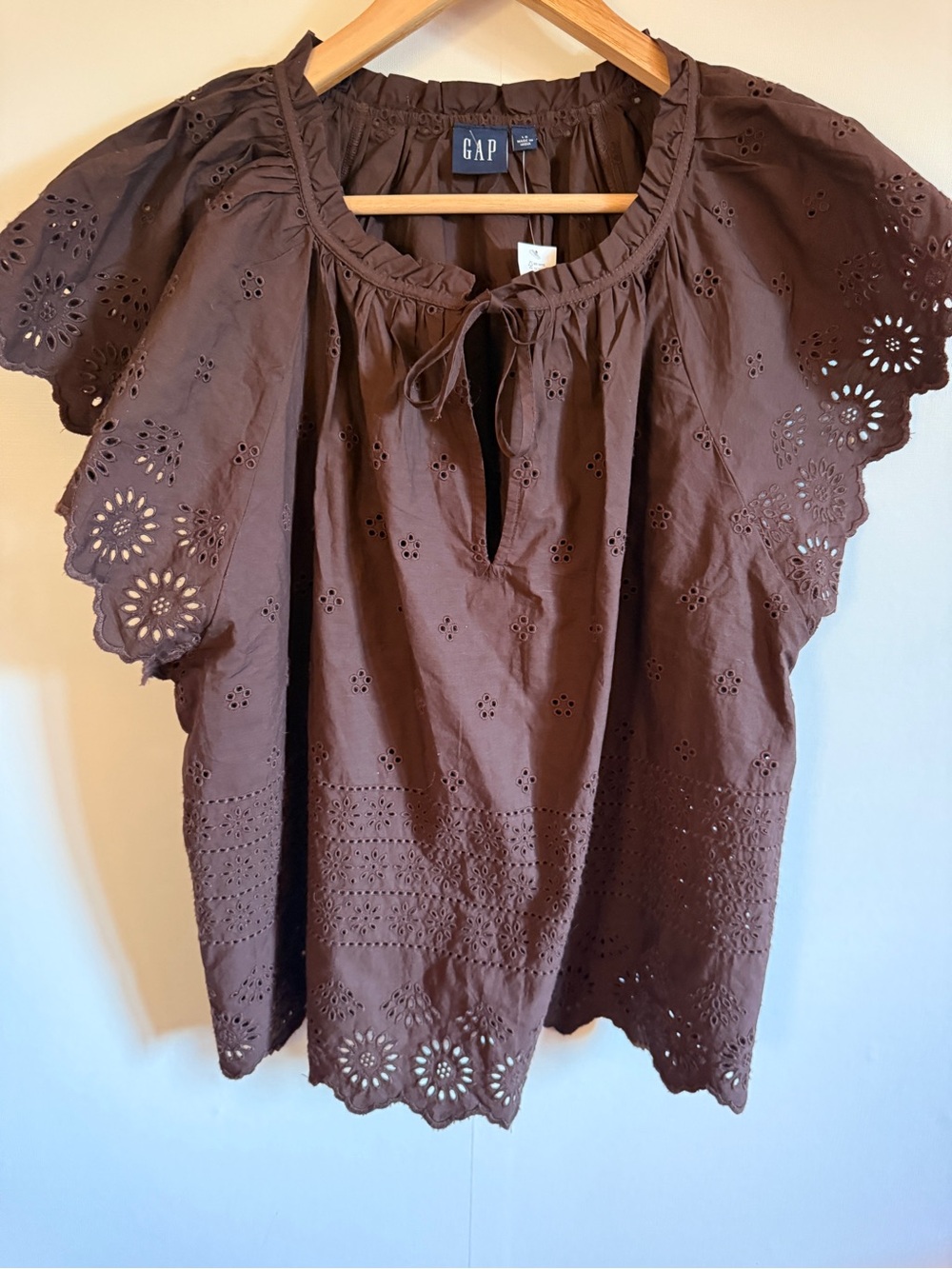 Gap Eyelet Blouse Brown Flutter Sleeve Cotton Boho Top Large
